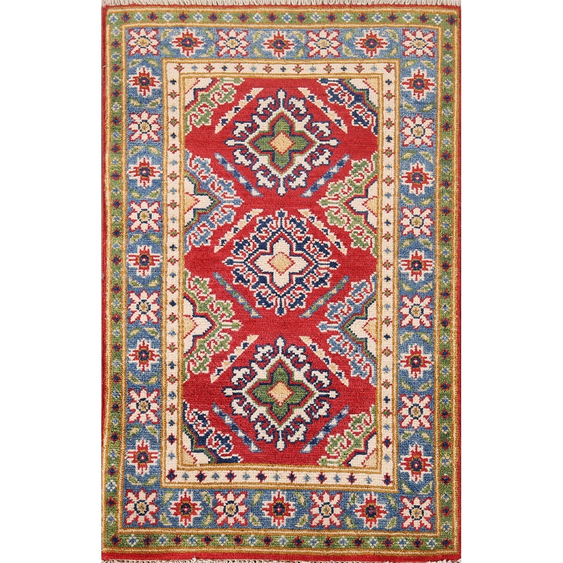Hand Knotted Oriental 100% Wool Carpet Traditional Geometric Red Kazak Area Rug - 3' 0'' X 1' 10''