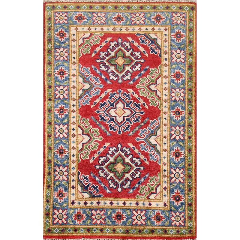 Hand Knotted Oriental 100% Wool Carpet Traditional Geometric Red Kazak Area Rug - 3' 0'' X 1' 10''