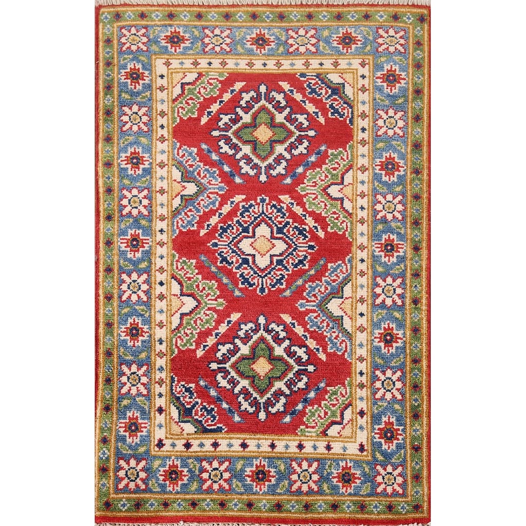 Hand Knotted Oriental 100% Wool Carpet Traditional Geometric Red Kazak Area Rug - 3' 0'' X 1' 10''