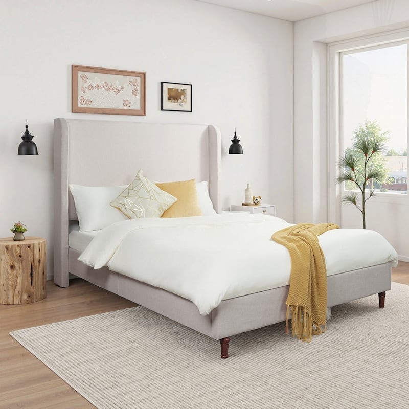 Upholstered Platform Bed with Curve-Shaped Design Headboard