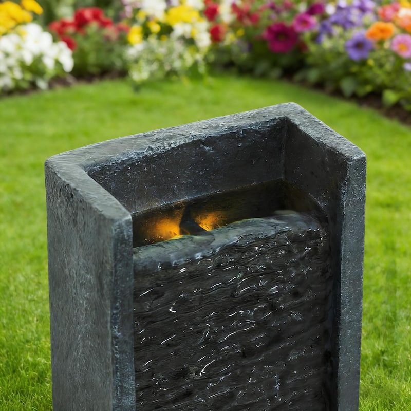 GDFStudio - Modern 40" Outdoor/Indoor Water Fountain with Floor-Standing Curved Cascading Waterfall & LED Lights