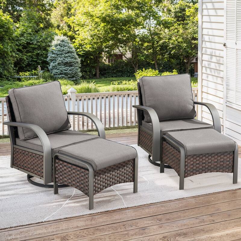Outdoor Swivel Chair with Ottomans - Grey Cushion - Brown - Grey - Brown