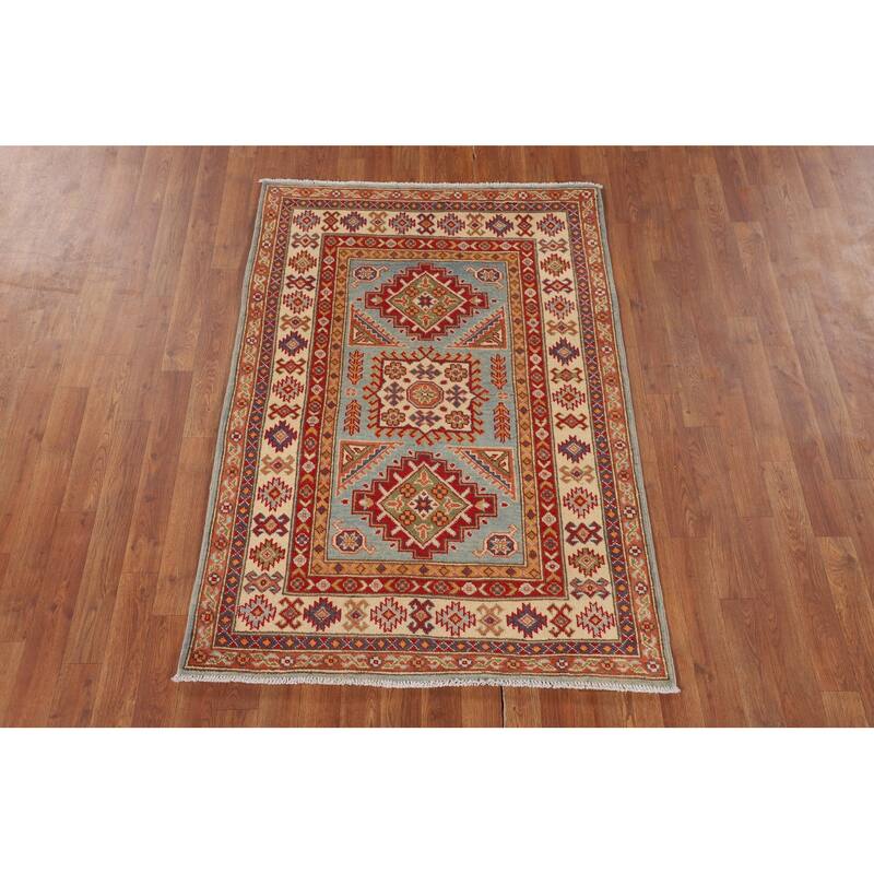 Geometric Kazak Accent Rug Handmade Blue Wool Carpet - 3'5" x 4'10"