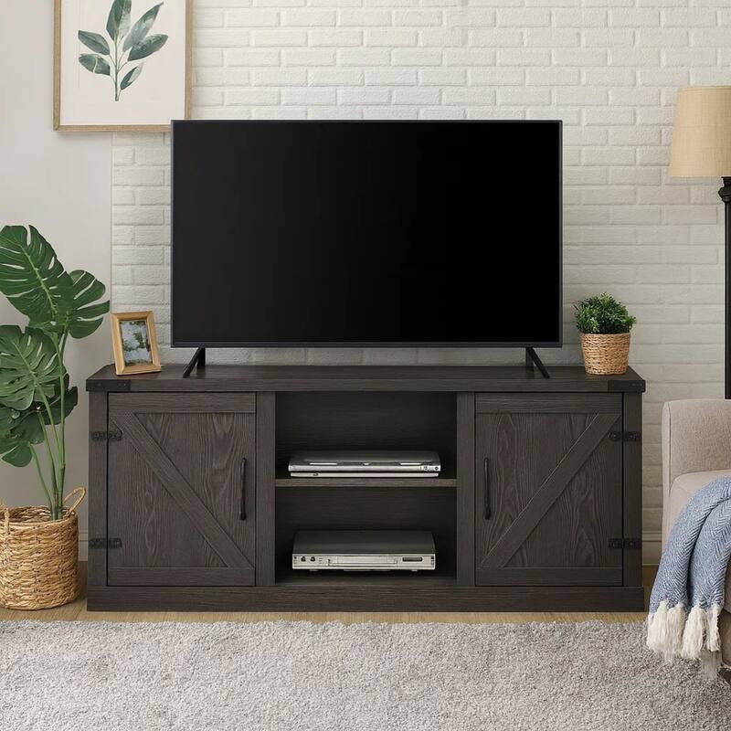 Olv 58 Inch TV Media Center Console, Barn Sliding Cabinet Doors, Dark Gray