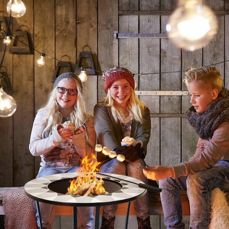 25.5 Inches Round Fire Pit Table with Mesh Cover and Fire Poker - 25.5" x 25.5" x 27.5" (L x W x H)