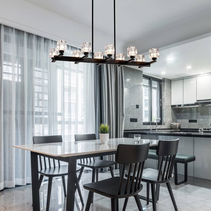 Chandelier for Dining Room, 10-Light Black Farmhouse Linear Pendant Light Fixture, Modern Crystal Hanging Lighting Chandelier