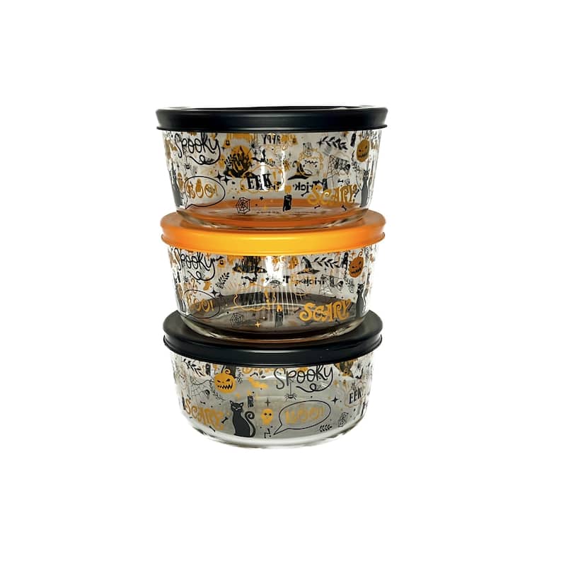 Halloween Glass Food Storage Containers with Spooky Design, BPA-Free Lids, Microwave & Dishwasher Safe - 3-Piece - 2-Cup