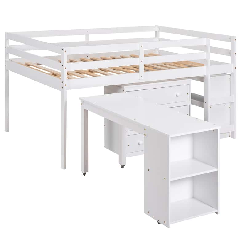 Low Loft Bed with Cabinet Shelves and Rolling Portable Desk