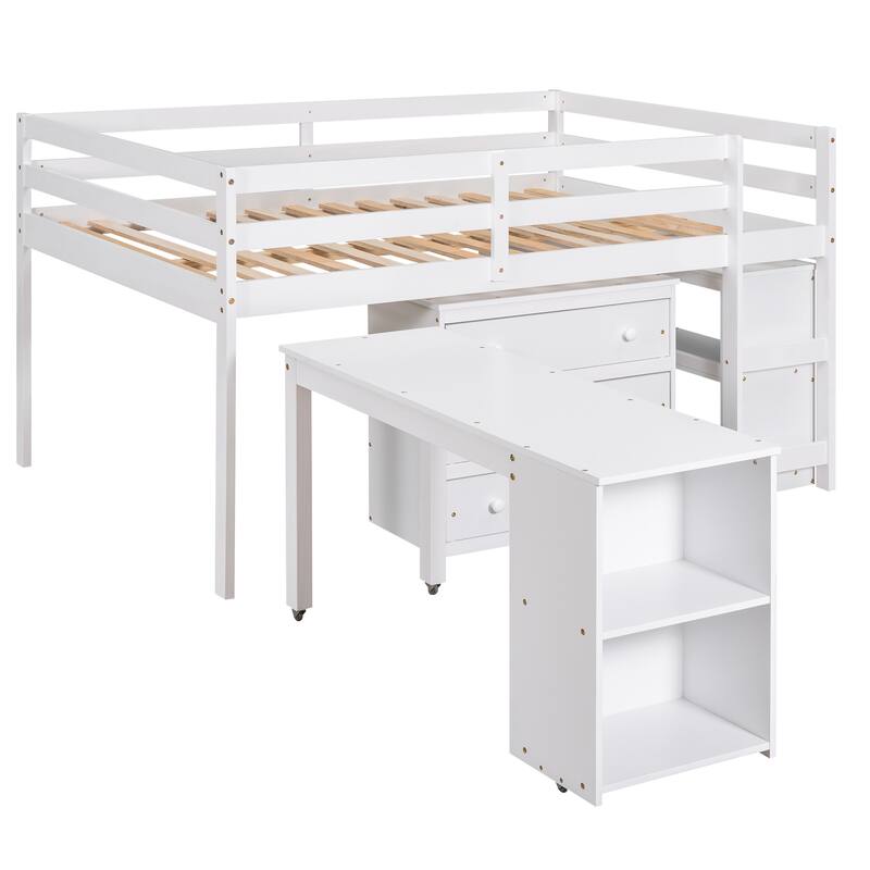 Multifunctional Full Loft Bed with Cabinet, Shelves & Rolling Desk - Space Saving White