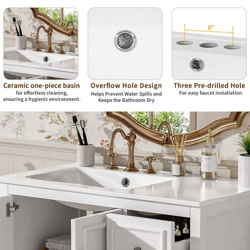 36" Transitional Bathroom Vanity with Ceramic Sink - 2 Soft-Close Doors, 3 Drawers (1 Divided), U-Shaped Shelf, Painted Finish