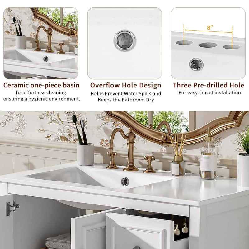 Roomfitters 36" Transitional Bathroom Vanity with Ceramic Sink, 2 Soft-Close Doors, Adjustable Shelf and 3 Drawers
