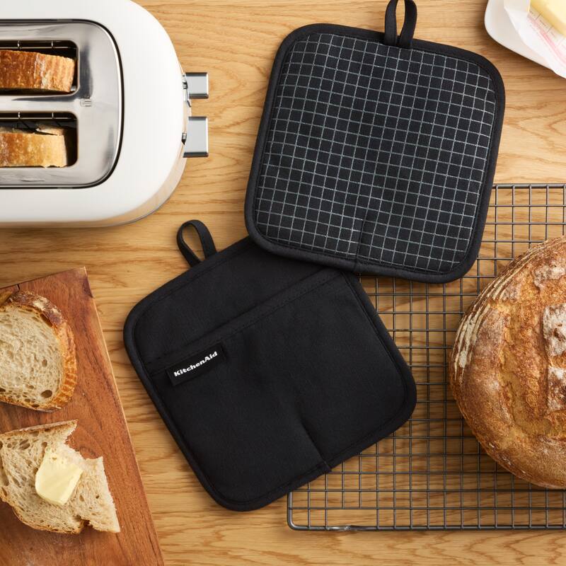 KITCHENAID Gourmet Series Gridlines Pot Holders 2-Pack Set, Heat Resistant up to 600°F, Soft Silicone Grip, Magnetic Cuff