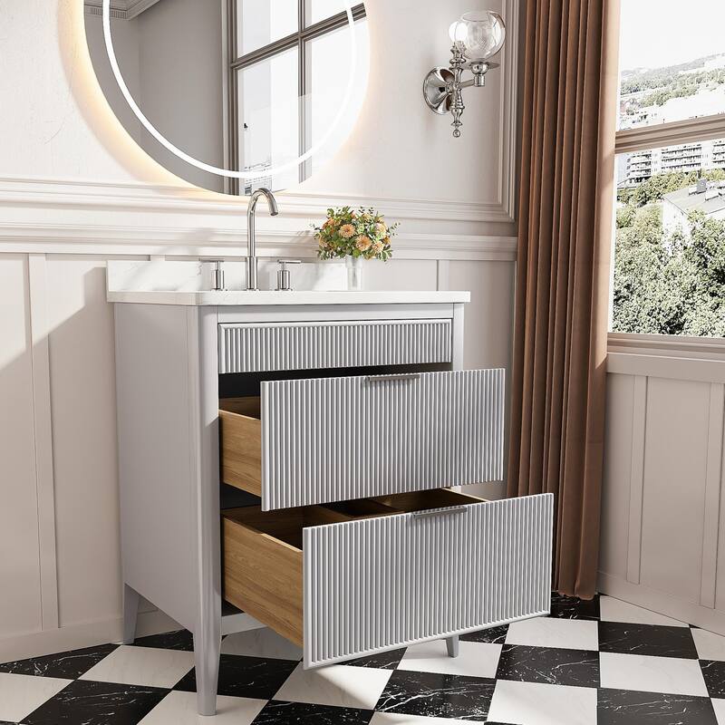 Modland 30" Freestanding Bathroom Vanity with Carrara Marble Top - Soft-Close Drawers,Green / Grey - 30 inch