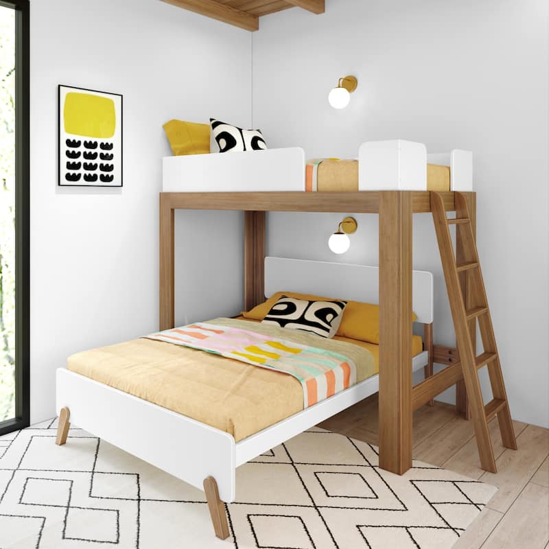 Max and Lily L-Shaped Twin over Full Bunk Bed with Ladder on End - Pecan/White