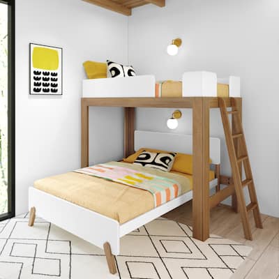Max and Lily Mid-Century Modern L-Shaped Twin over Full Bunk Bed with Ladder on End