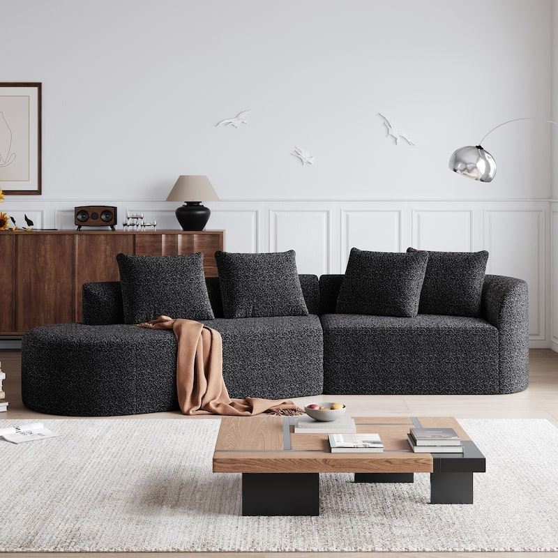 Chenille Upholstered Curved Sectional Sofa with Chaise and Pillows - Black