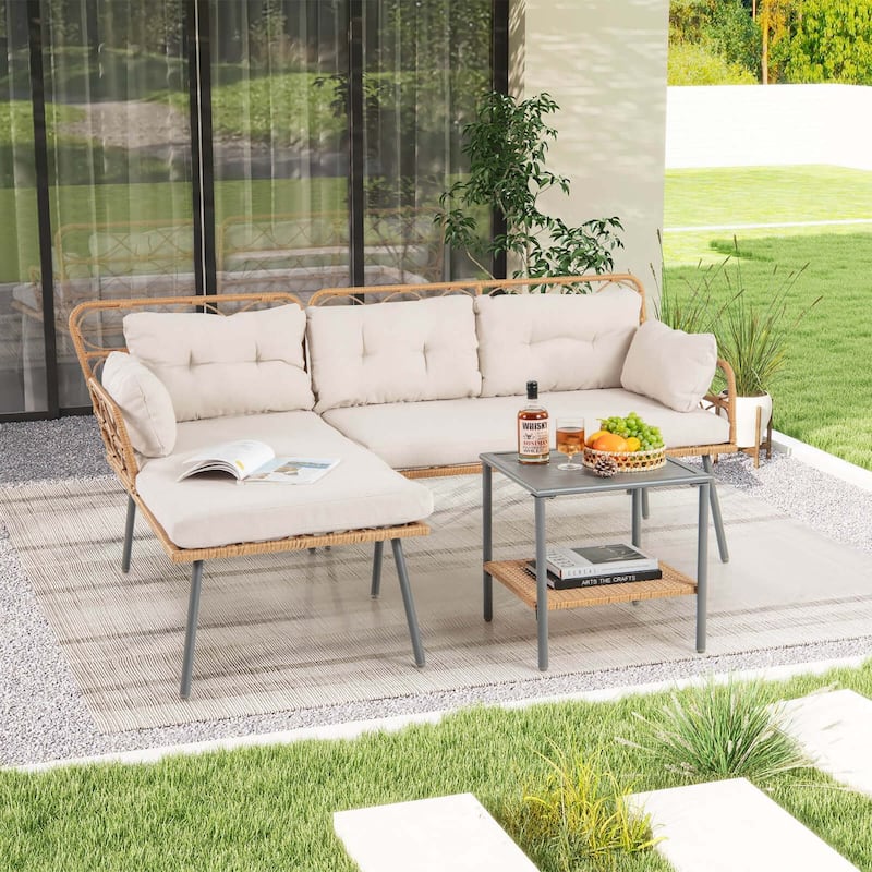 Costway 3 PCS Corner Patio Furniture Cushioned Sofa Set with Small - See Details - as pic shows - See Details
