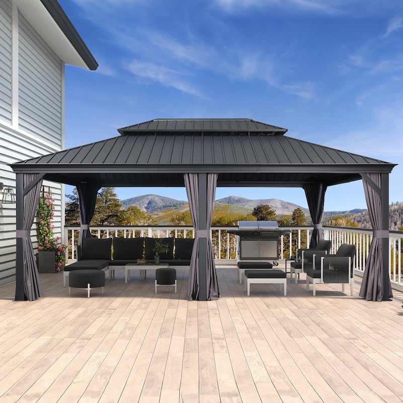 PURPLE LEAF Outdoor Galvanized Steel Hardtop Gazebo, Aluminum Frame Gazebo With Curtains - 14' x 20' - Grey