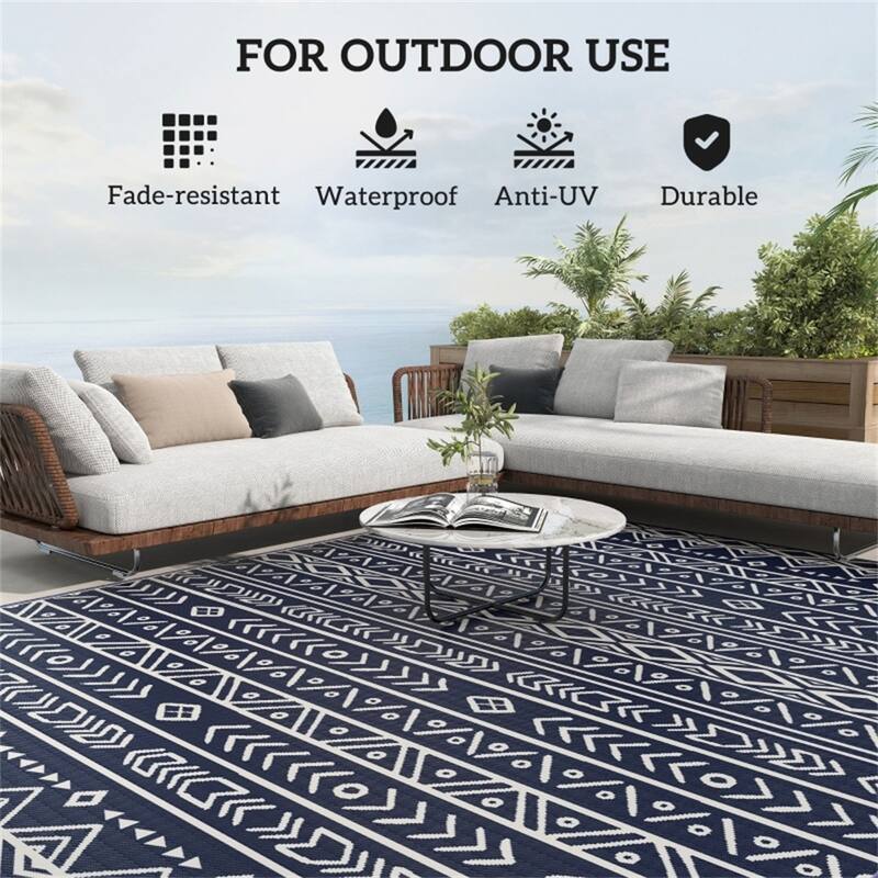 Reversible Outdoor Rug Blue White Geometric UV Protected Foldable Camping RV Patio Picnic Mat - 120.1" L x 95.7" W