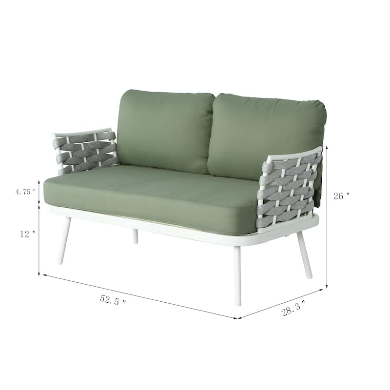 Roomfitters Steel Loveseat with Woven Rope Arms and Coffee Table