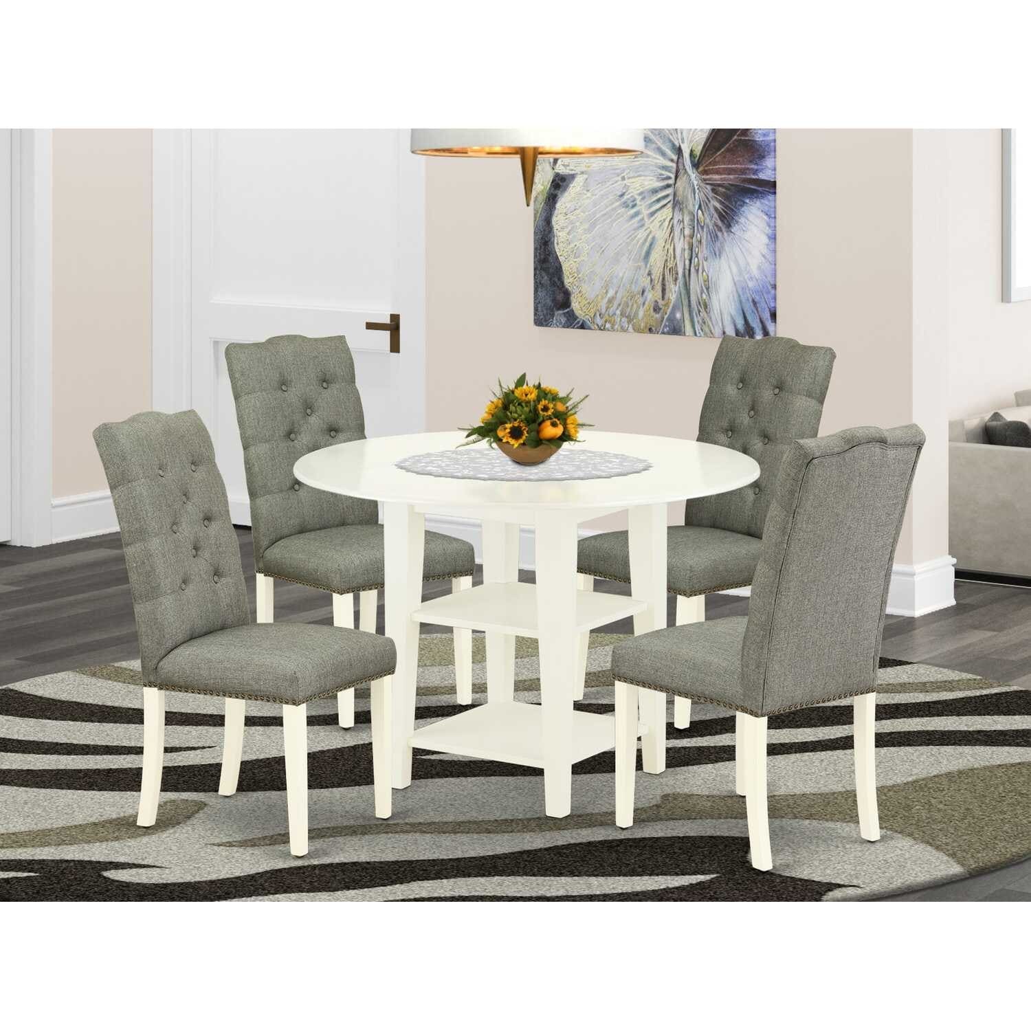 HomeStock 5-Pc Linen White Finish Solid Wood Top - Round Dining Room Set with High Back - Seats 4