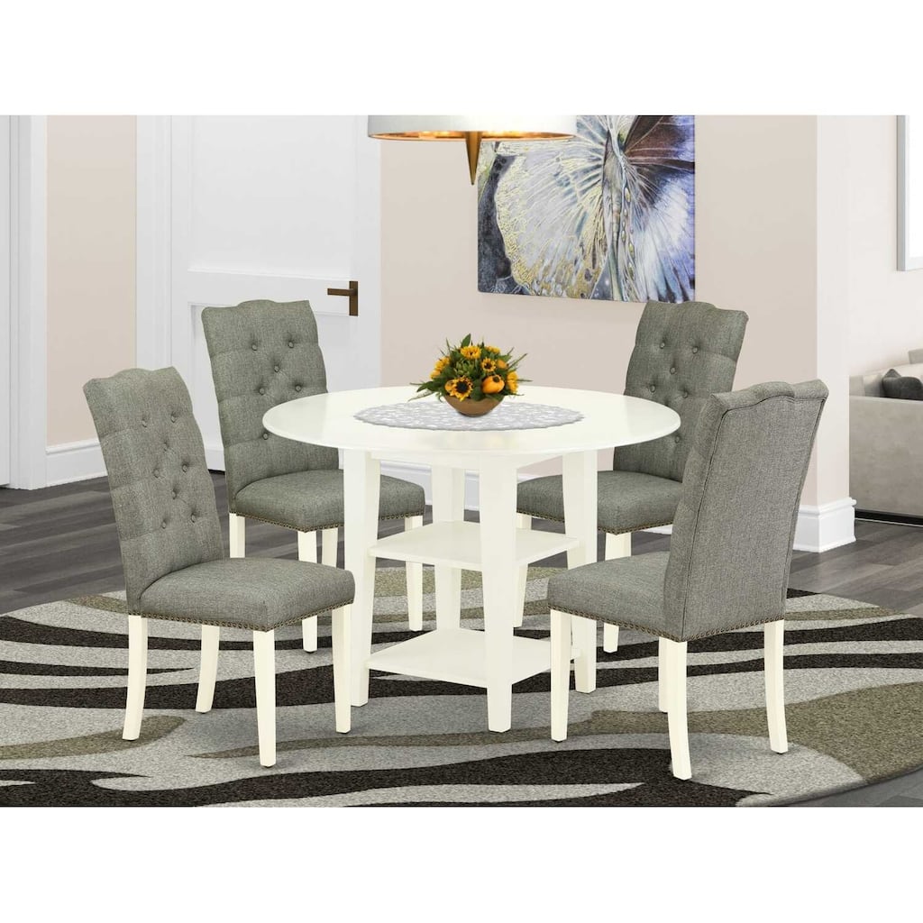 HomeStock 5-Pc Linen White Finish Solid Wood Top - Round Dining Room Set with High Back - Seats 4