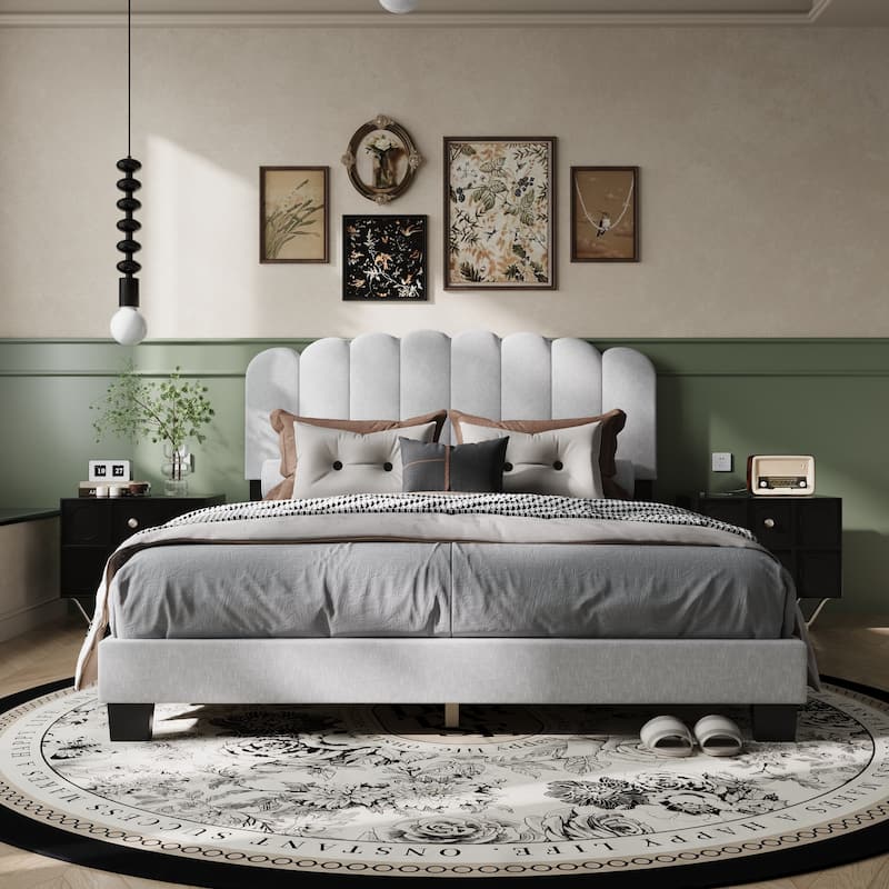 Queen Size Bed Frame Platform with Scalloped Pattern Headboard