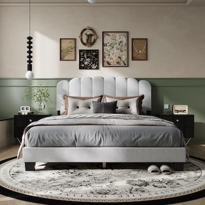 Queen Size Bed Frame Platform with Scalloped Pattern Headboard