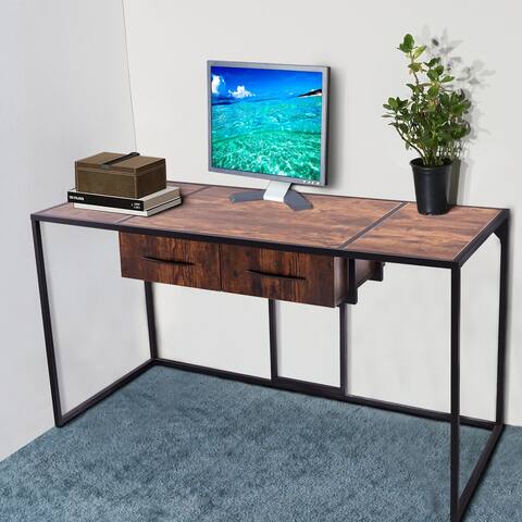 Clihome 55 in. Rectangle Brown Wood 2-Drawer Executive Desk with Storage