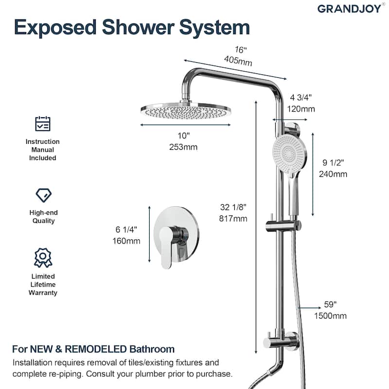 GRANDJOY 10" Round Rainfall Shower System Handheld Showerhead with Adjustable Bar
