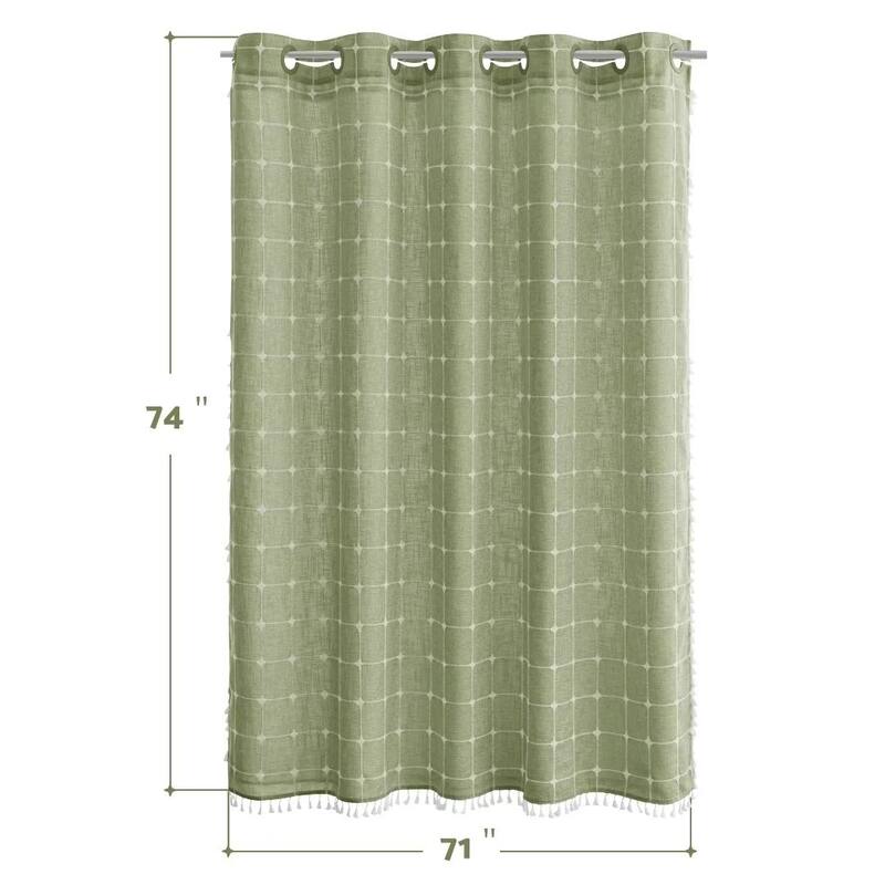 No Hooks Linen Textured Geometric Tassels Shower Curtain with Snap-in Liner