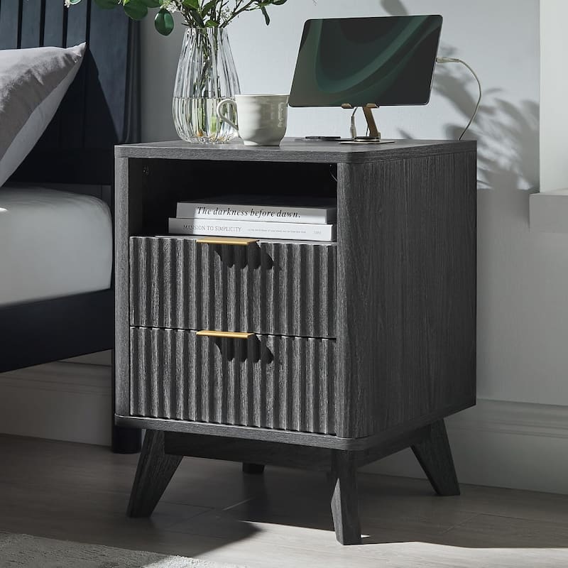 Modern Fluted Nightstand with Faux Marble Top, Side Table, End Table - Dark Alder