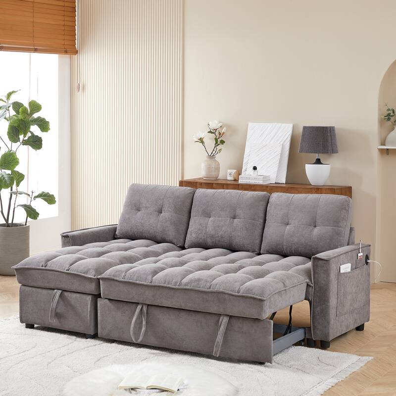 Futon Daybed Pull-Out Sofa Bed with USB and Tape-c, L-Shaped Sectional Sofa with Storage Chaise Lounge and Side Pocket