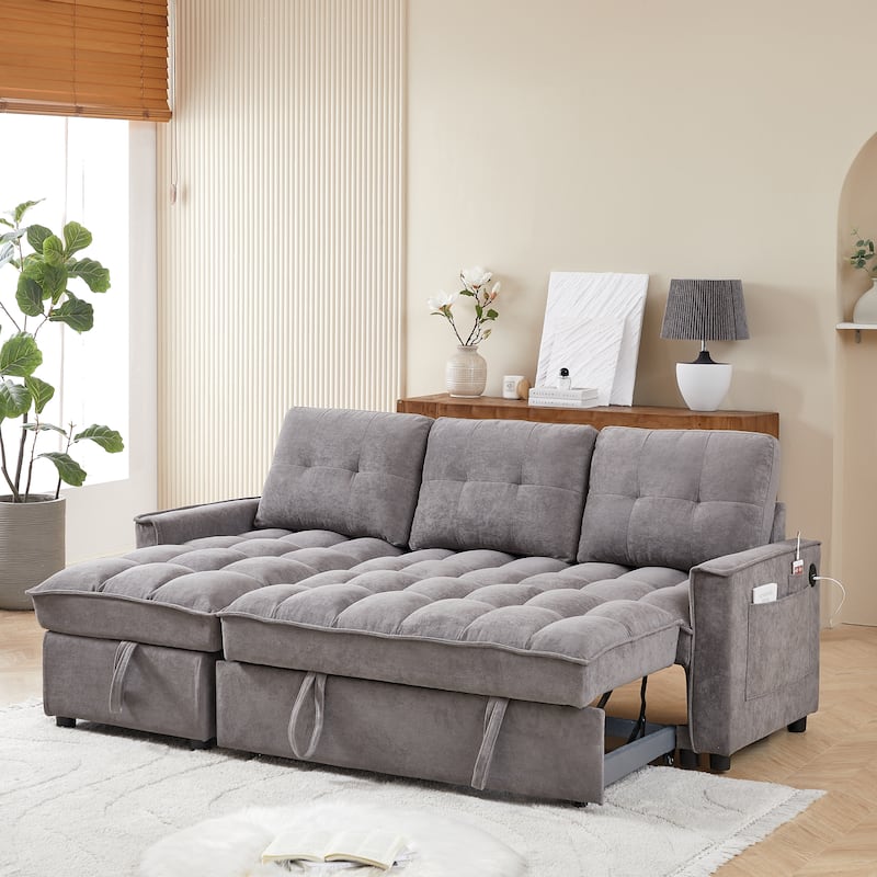 Modern Chenille L-Shaped Convertible Sofa Bed with Storage, USB and Type-C Charging Ports for Living Room