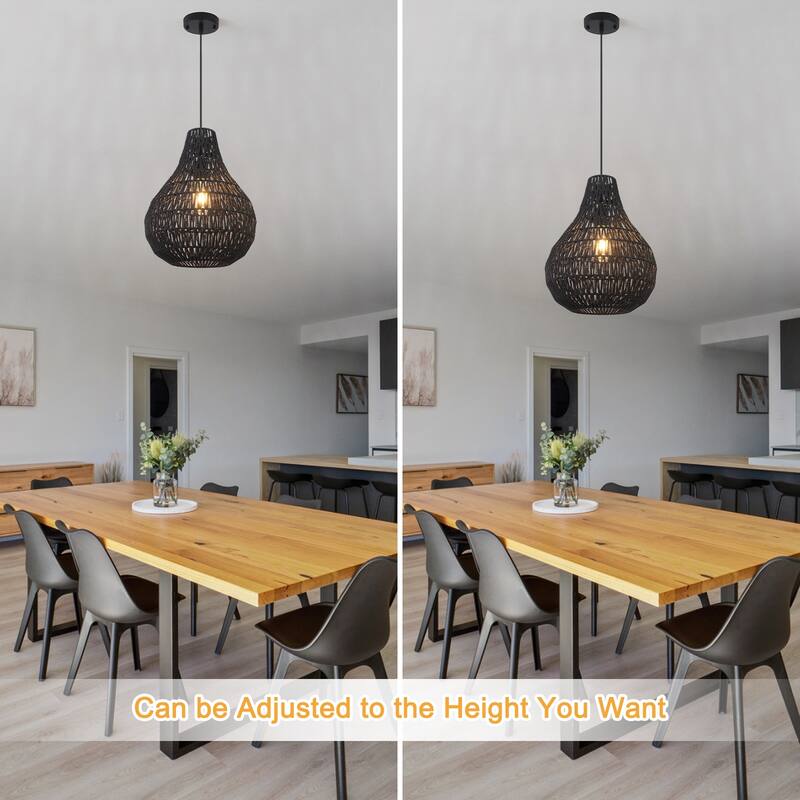 60 -Watt 1-Light Black Shaded Pendant Light with Rattan Gourd Shade, Classic Semi Flush Mount Chandelier for Dining Room
