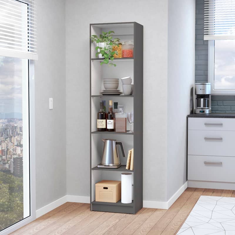 Slim 5-Shelf Bookcase with Narrow Profile, Modern Shelving Design for Books and Decorative Displays - 17.72