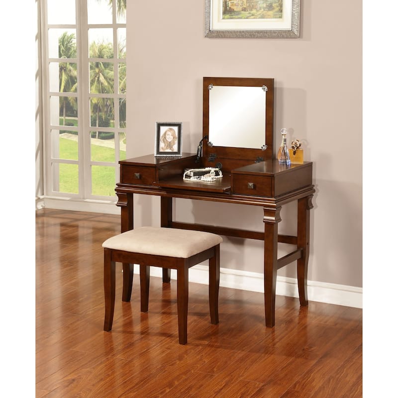 36" Walnut Brown Vanity Set with Mirror and Upholstered Stool