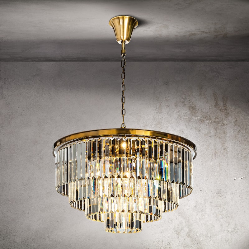 CraftHome 8-Lights Modern 4-Tier Round Fringe Crystal Chandelier for Dining Room - Antique Gold