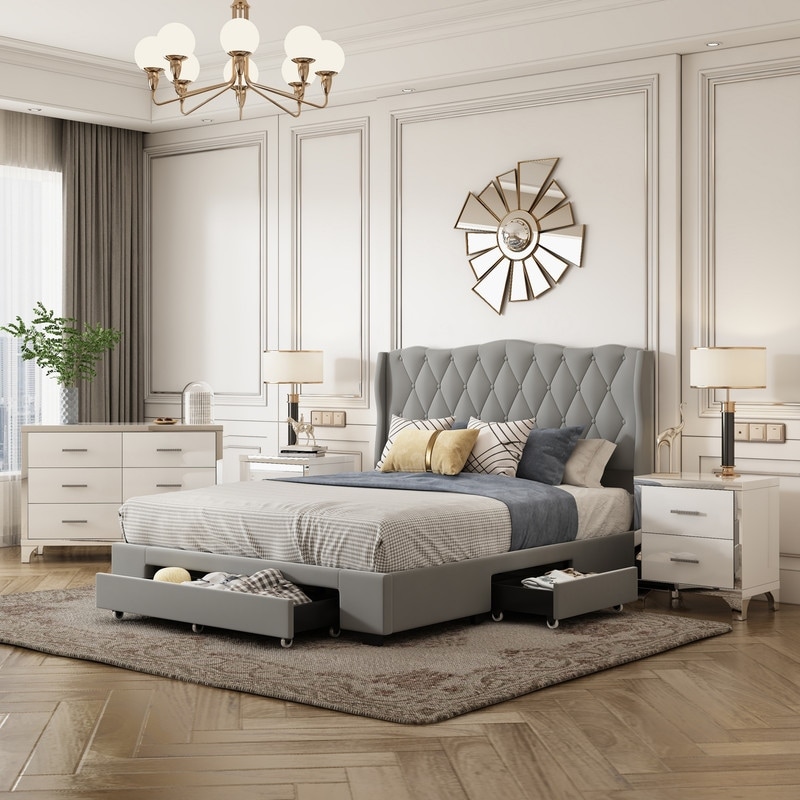 Elegant 4 Pieces Bedroom Sets Queen Size Upholstered Bed 2 Nightstands and 1 Dresser