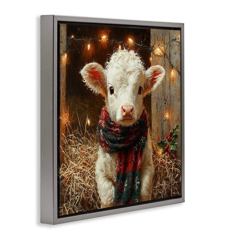 Stupell White Calf with Holiday Lights Framed Floater Canvas Wall Art Design By Riley B