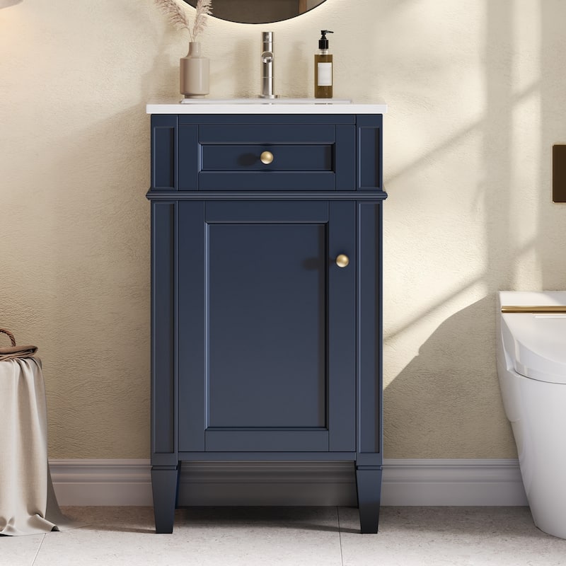 18" Freestanding Single Bathroom Vanity with Ceramic Sink, French Style Cabinet with Soft Close Door