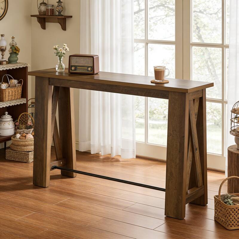 Console Table with Metal Footrest, 63" Counter Height Entryway Table, Narrow Kitchen Dining Table