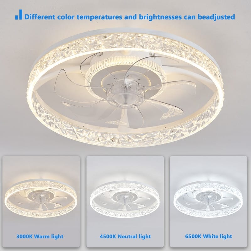 Modern Ceiling Fan Light, Remote, Dimmable LED, 6-Speed, Quiet, Flush Mount
