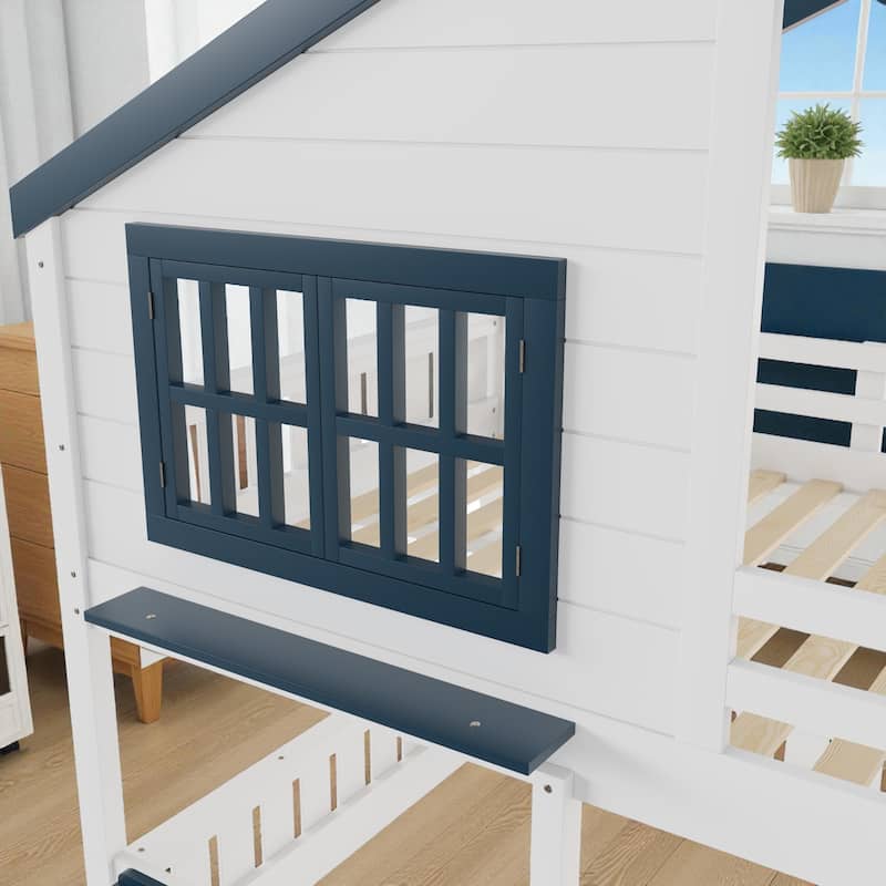 Twin/Full House Bunk Bed with Bookshelf, Safety Fence, Ladder and Loft Play Area, Wooden Kids Bed Frame