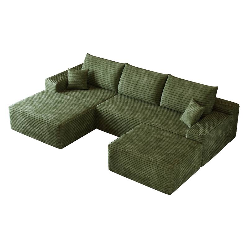 Corduroy Upholstered Symmetrical Chaise Sectional Sofa with Ottoman