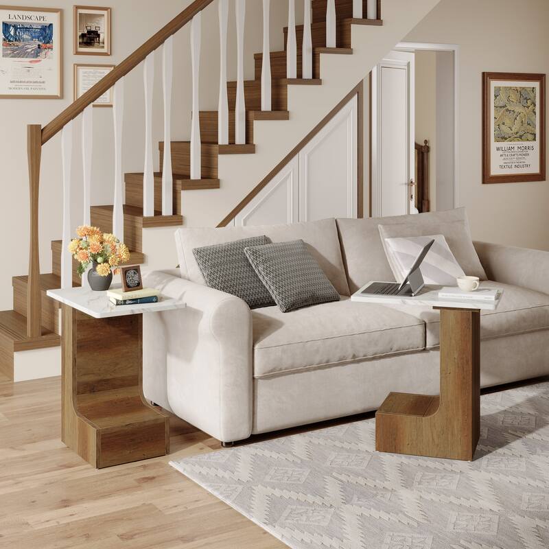 2-Tier C-Shaped Sofa Side Table, Bedside End Table with Faux Marble Tabletop, C Table for Sofa, Bedroom, Living Room