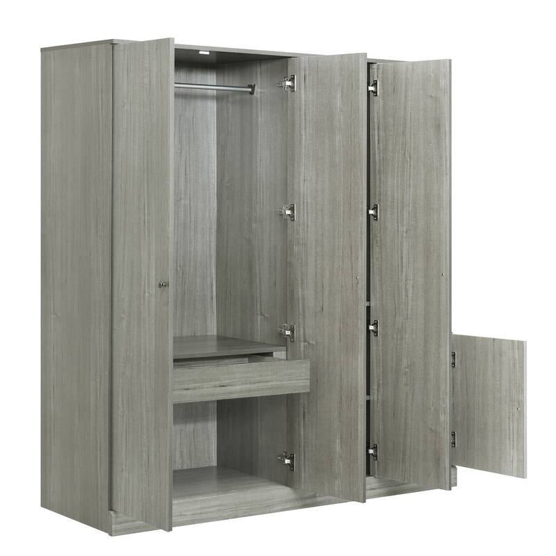 Mirrored Wardrobe Closet 4 Door Wooden Wardrobe with Drawers Large Armoire Closet with Open Storage Space