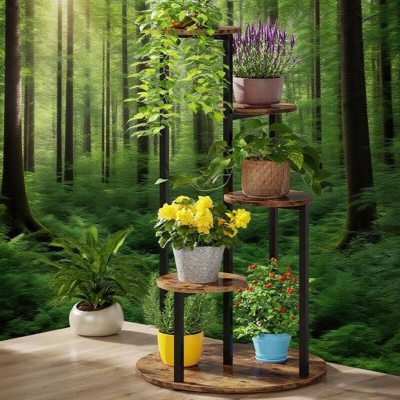 Black-Brown Metal 5-Tier Corner Plant Stand for Indoor and Outdoor - 19.68” x 19.68” x 40.94”