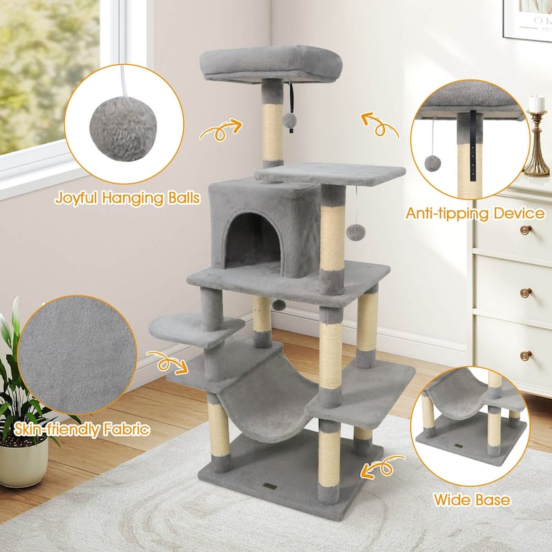 Costway 58” Tall Multi-level Cat Tree with Upholstered Perch & Cat - See Details