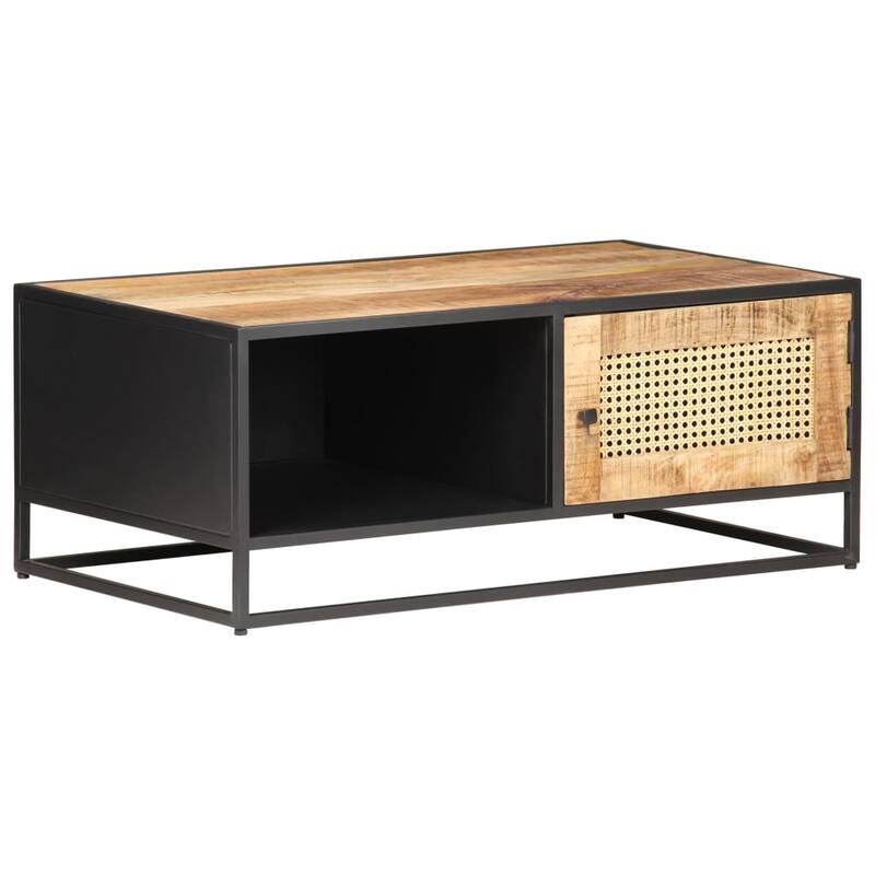 vidaXL Coffee Table 35.4"x19.7"x13.8" Rough Mango Wood and Natural Cane